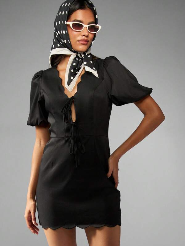 MISSGUIDED Scalloped Hem Mini Dress With Puff Sleeves And Tie Front