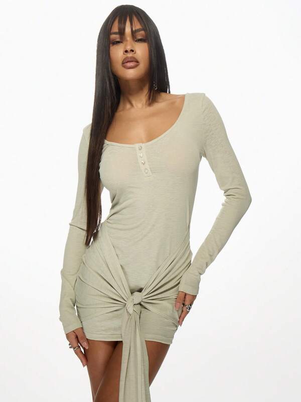 MISSGUIDED Scoop Neck Long Sleeves Front Tie Detail Bodycon Mini Dress