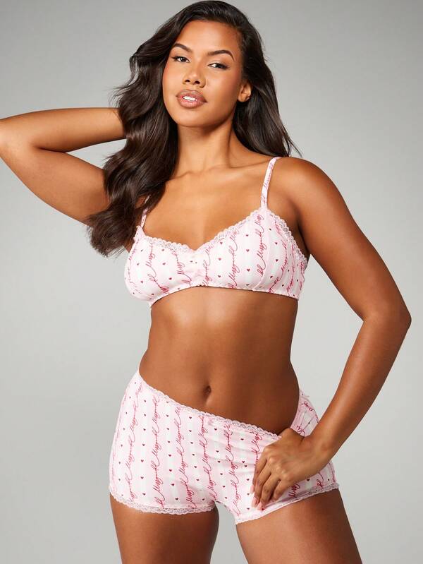 MISSGUIDED Script Print Lace Trim Ruched Bralette