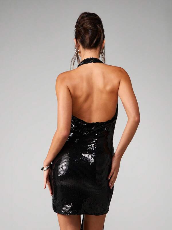 MISSGUIDED Sequin Cowl Neck Halter Mini Dress