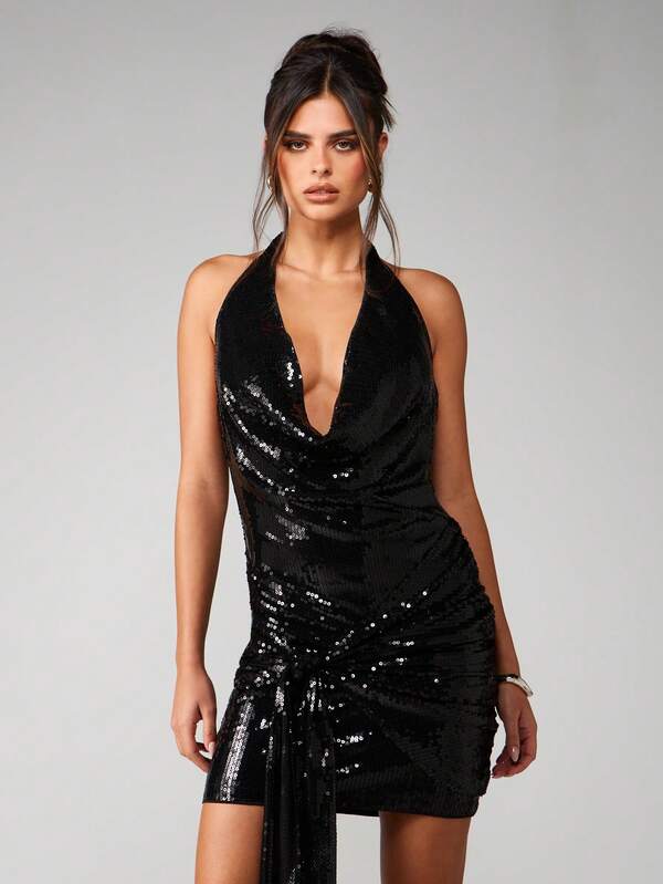 MISSGUIDED Sequin Cowl Neck Halter Mini Dress