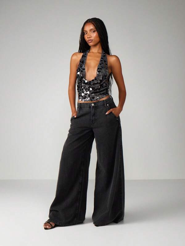 MISSGUIDED Sequin Cowl Neck Halter Top With Tie Back
