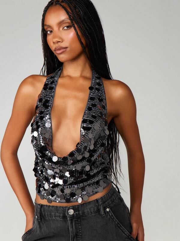 MISSGUIDED Sequin Cowl Neck Halter Top With Tie Back