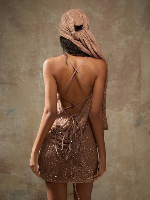 MISSGUIDED Sequin Crochet Knit Cowl Halter Neck Backless Mini Dress