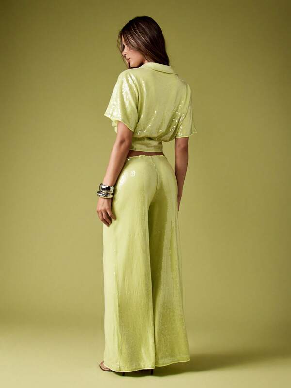 MISSGUIDED Sequin Cropped Shirt With Palazzo Pants Set