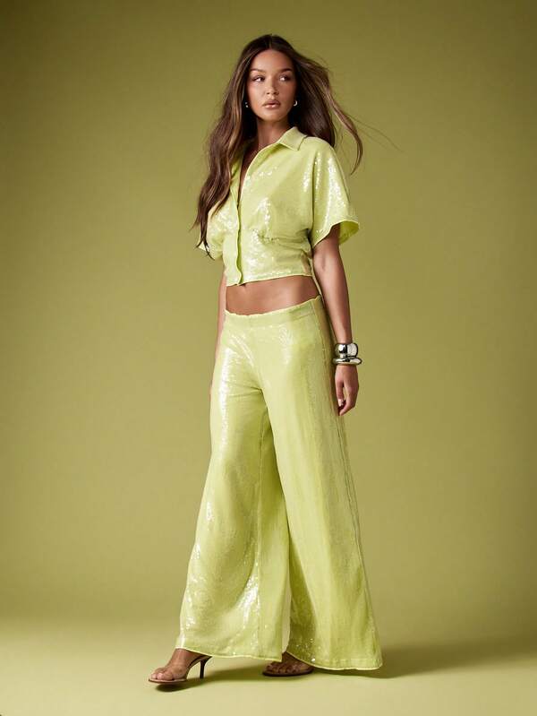 MISSGUIDED Sequin Cropped Shirt With Palazzo Pants Set
