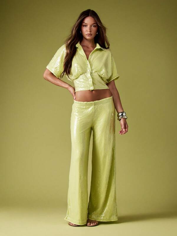 MISSGUIDED Sequin Cropped Shirt With Palazzo Pants Set