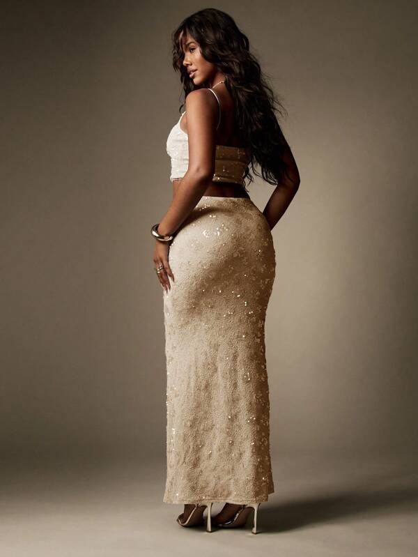 MISSGUIDED Sequin Embellished Sparkle Crop Top Maxi Skirt