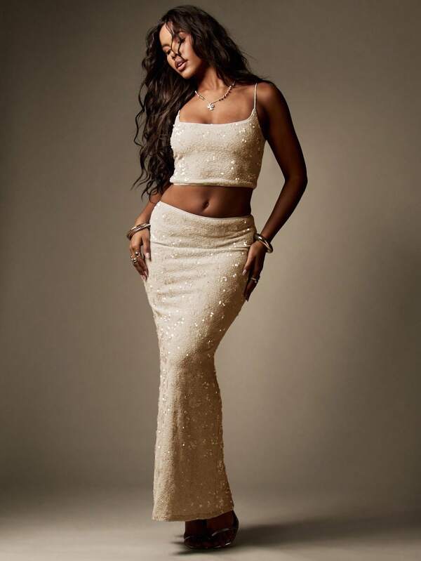 MISSGUIDED Sequin Embellished Sparkle Crop Top Maxi Skirt