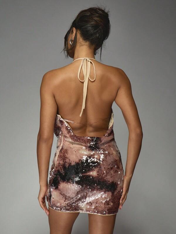 MISSGUIDED Sequin Halter Mini Dress With Plunging Neckline And Cowl Detail