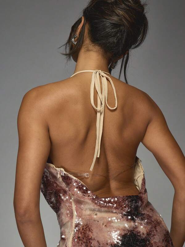 MISSGUIDED Sequin Halter Mini Dress With Plunging Neckline And Cowl Detail