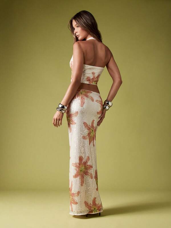 MISSGUIDED Sequin Halter Top With Matching Maxi Skirt