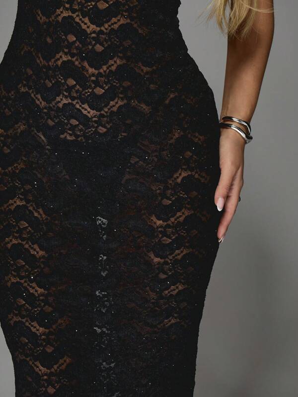 MISSGUIDED Sequin Lace Mermaid Gown With Spaghetti Straps
