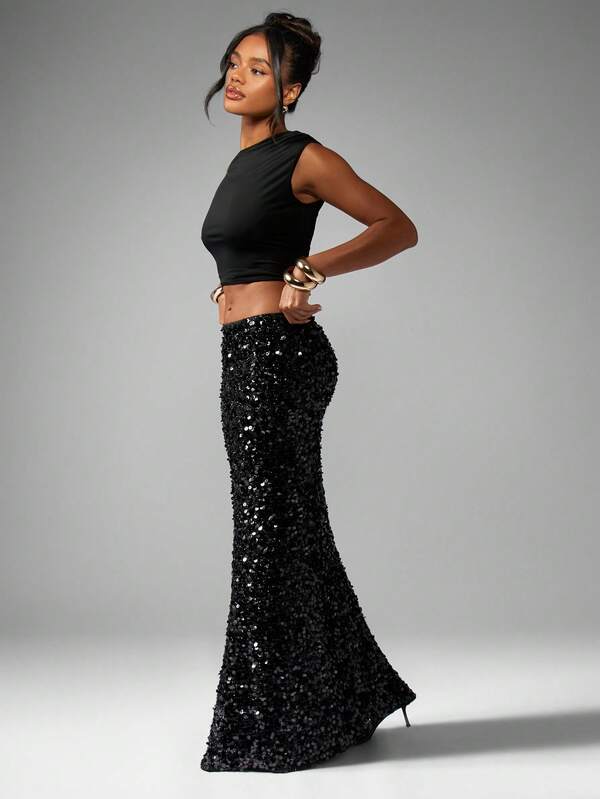 MISSGUIDED Sequin Maxi Column Skirt With Side Split