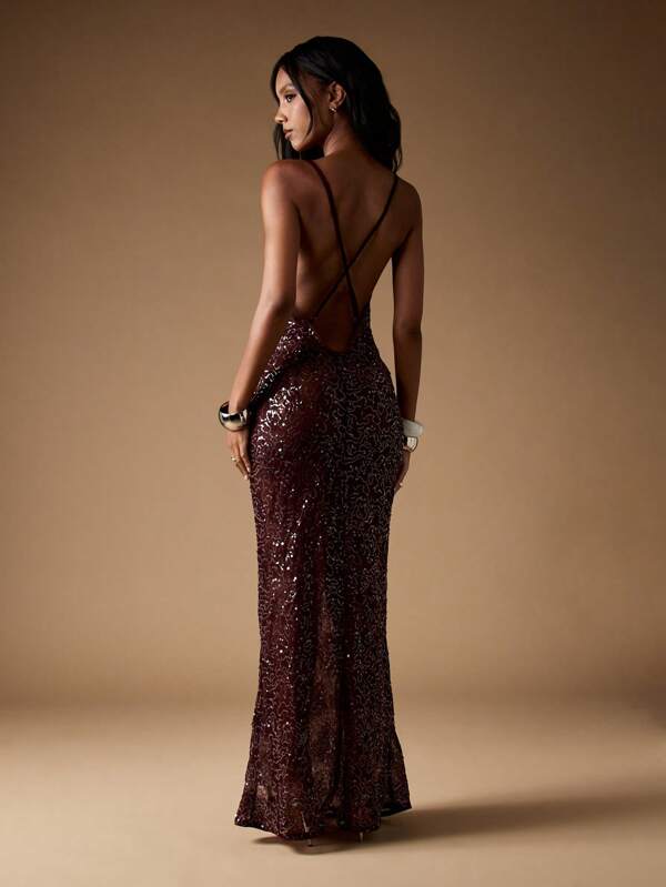 MISSGUIDED Sequin Mermaid Gown With Cowl Neck And Open Back