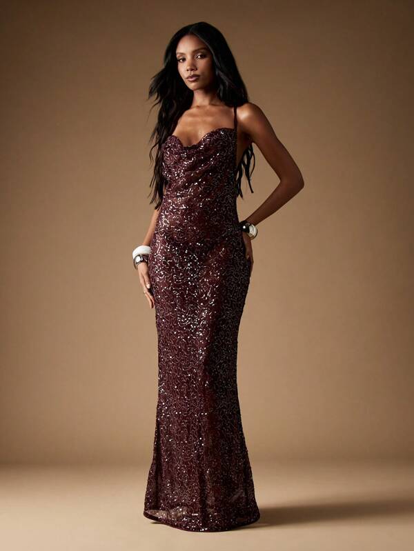 MISSGUIDED Sequin Mermaid Gown With Cowl Neck And Open Back