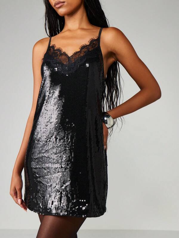 MISSGUIDED Sequin Mini Dress With Lace Trim