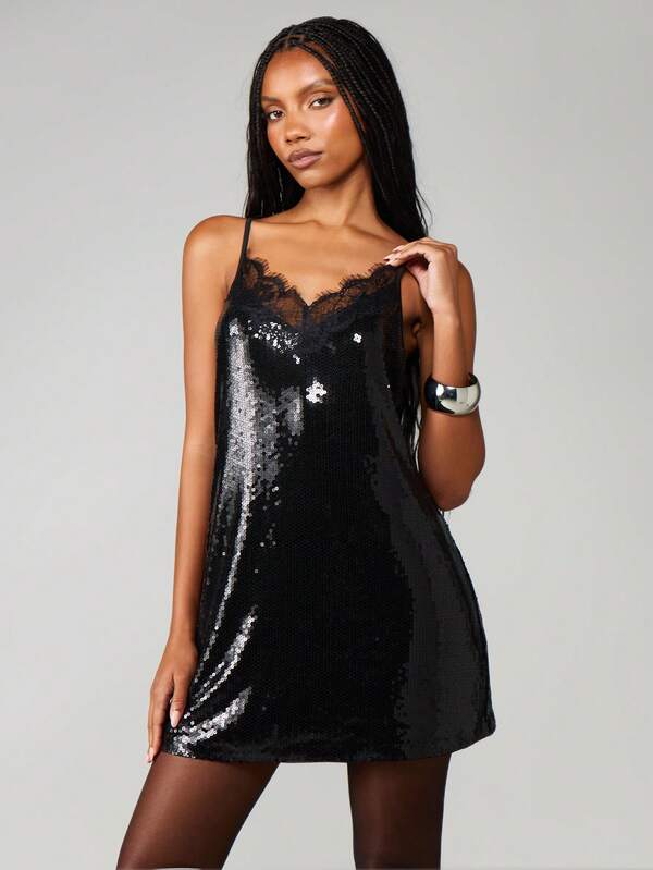 MISSGUIDED Sequin Mini Dress With Lace Trim