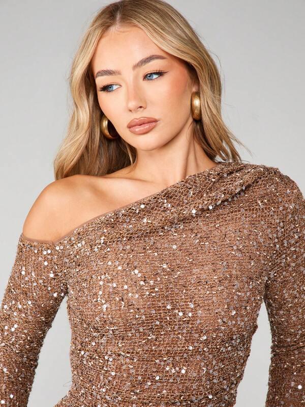MISSGUIDED Sequin Off Shoulder Long Sleeve Mini Dress