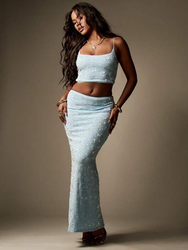 MISSGUIDED Sequin Spaghetti Strap Crop Top Maxi Skirt Two Piece Set