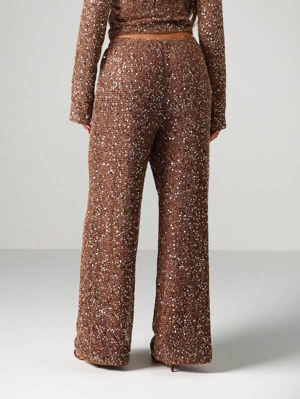 MISSGUIDED Sequin Wide Leg Pants With Drawstring Waist