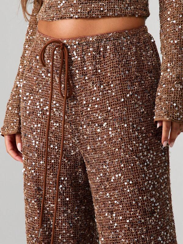 MISSGUIDED Sequin Wide Leg Pants With Drawstring Waist