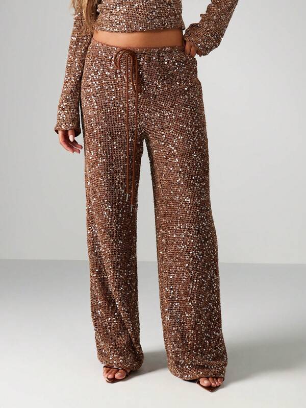 MISSGUIDED Sequin Wide Leg Pants With Drawstring Waist