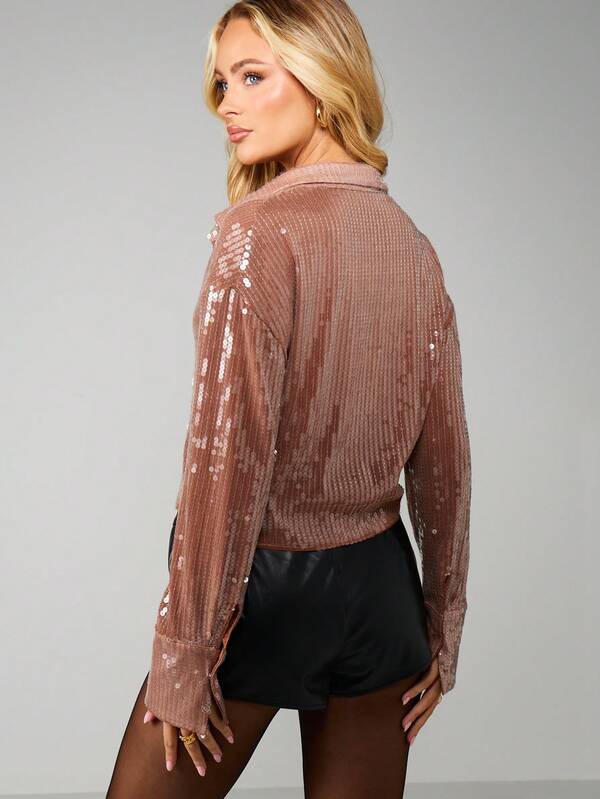 MISSGUIDED Sequined Cropped Button Down Blouse
