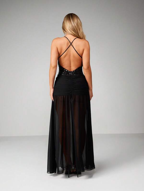 MISSGUIDED Sequined Halter Bodycon Maxi With Mesh Skirt