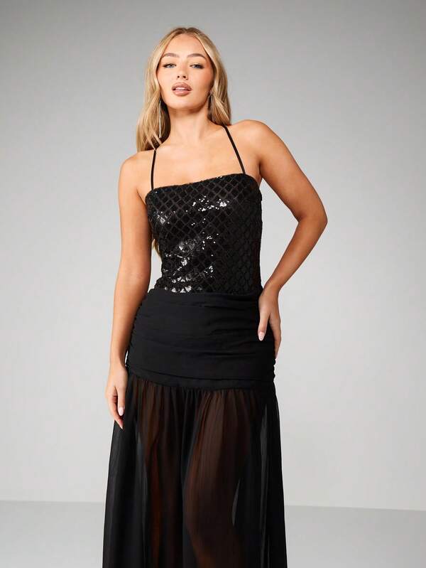 MISSGUIDED Sequined Halter Bodycon Maxi With Mesh Skirt