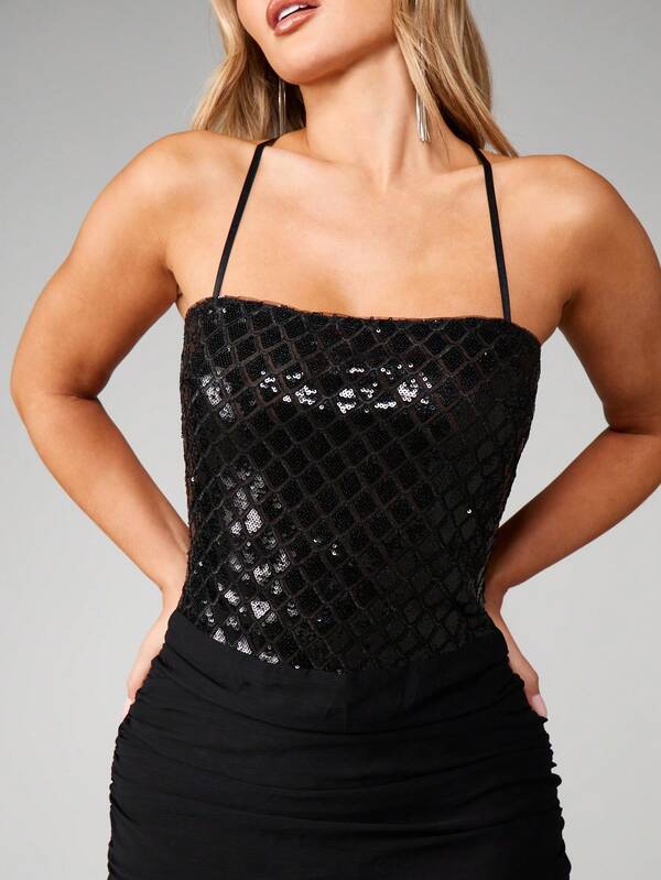 MISSGUIDED Sequined Halter Bodycon Maxi With Mesh Skirt