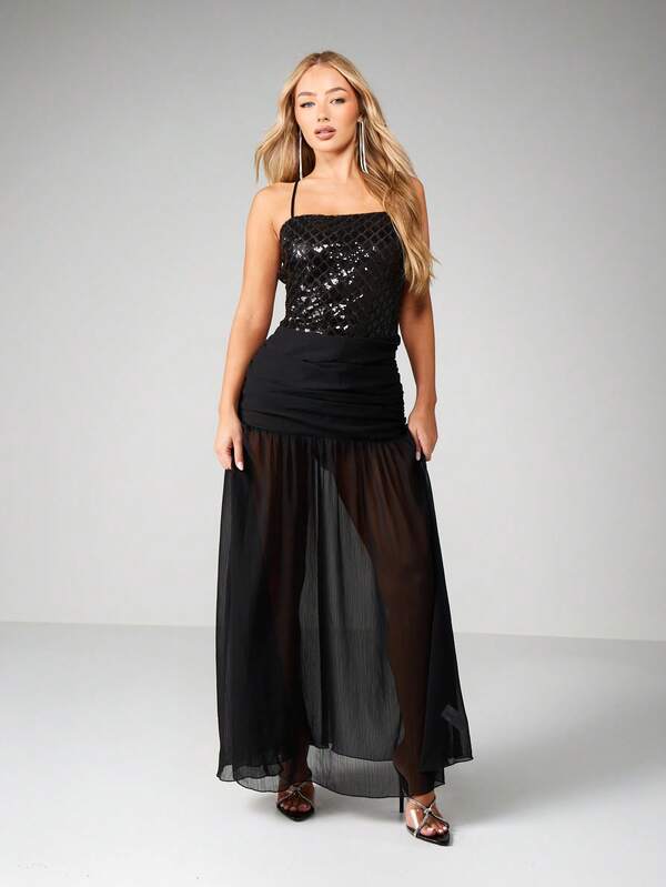 MISSGUIDED Sequined Halter Bodycon Maxi With Mesh Skirt