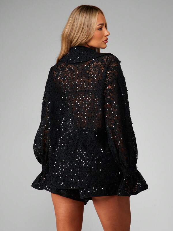 MISSGUIDED Sequined Lace Blouse With Flared Bell Sleeves