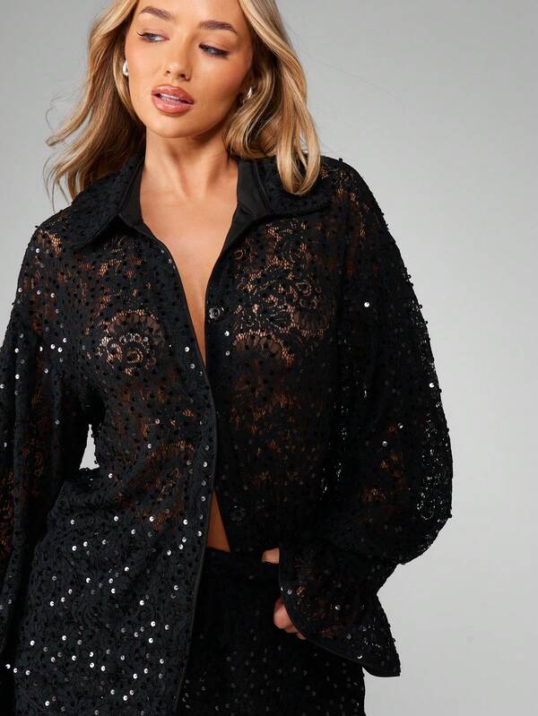 MISSGUIDED Sequined Lace Blouse With Flared Bell Sleeves