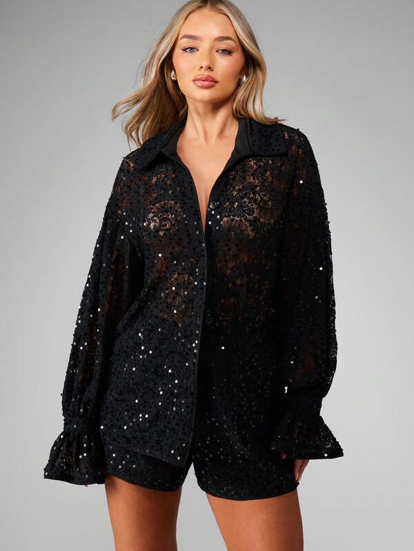 MISSGUIDED Sequined Lace Blouse With Flared Bell Sleeves