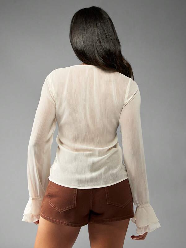 MISSGUIDED Sheer Chiffon Blouse With Ruffle Bell Sleeves