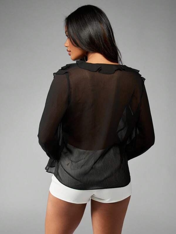 MISSGUIDED Sheer Chiffon Ruffle Button Down Long Sleeve Decorative Cascade Blouse
