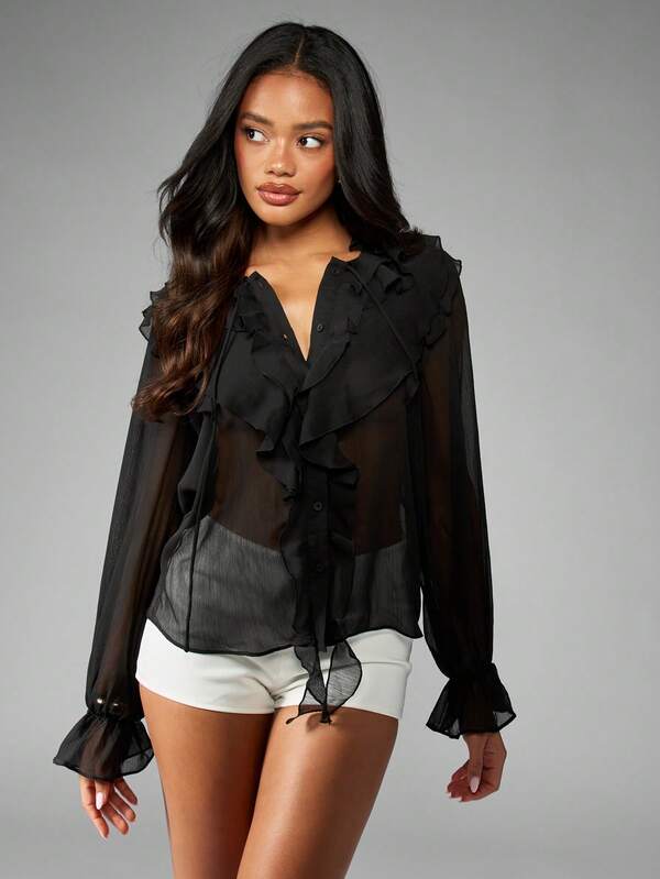 MISSGUIDED Sheer Chiffon Ruffle Button Down Long Sleeve Decorative Cascade Blouse