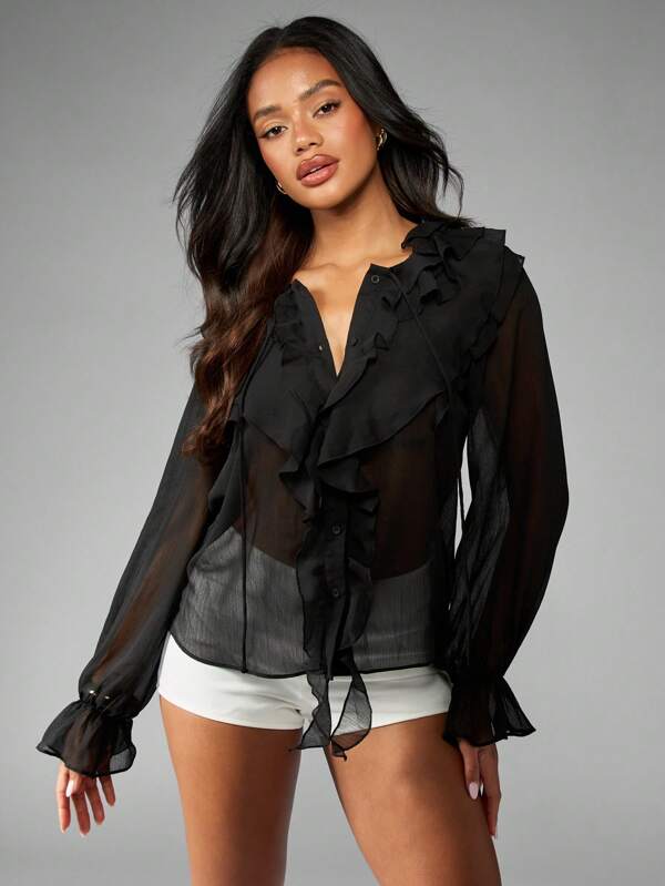 MISSGUIDED Sheer Chiffon Ruffle Button Down Long Sleeve Decorative Cascade Blouse