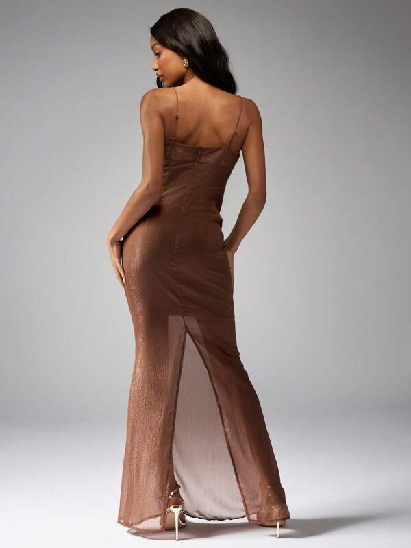 MISSGUIDED Sheer Draped Wrap Maxi Evening Dress With Adjustable Spaghetti Straps