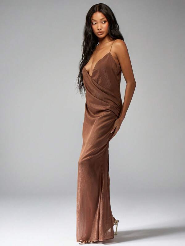 MISSGUIDED Sheer Draped Wrap Maxi Evening Dress With Adjustable Spaghetti Straps