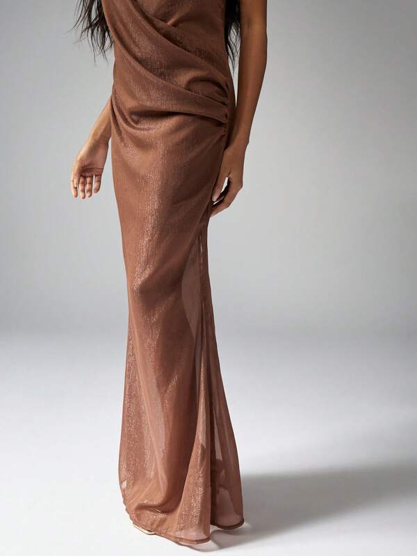 MISSGUIDED Sheer Draped Wrap Maxi Evening Dress With Adjustable Spaghetti Straps