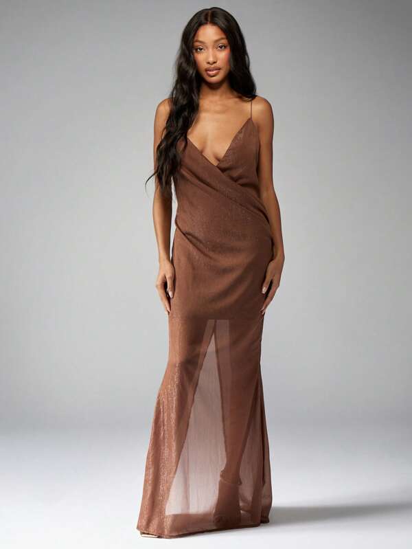 MISSGUIDED Sheer Draped Wrap Maxi Evening Dress With Adjustable Spaghetti Straps