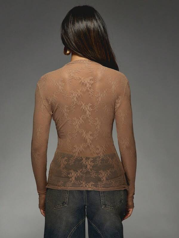 MISSGUIDED Sheer Lace Bodysuit With Long Sleeves