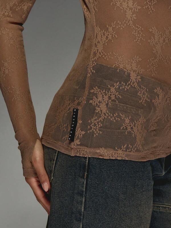 MISSGUIDED Sheer Lace Bodysuit With Long Sleeves