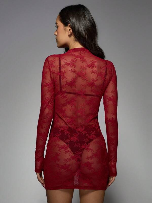 MISSGUIDED Sheer Lace Long Sleeve Bodycon See Through Mini Dresses