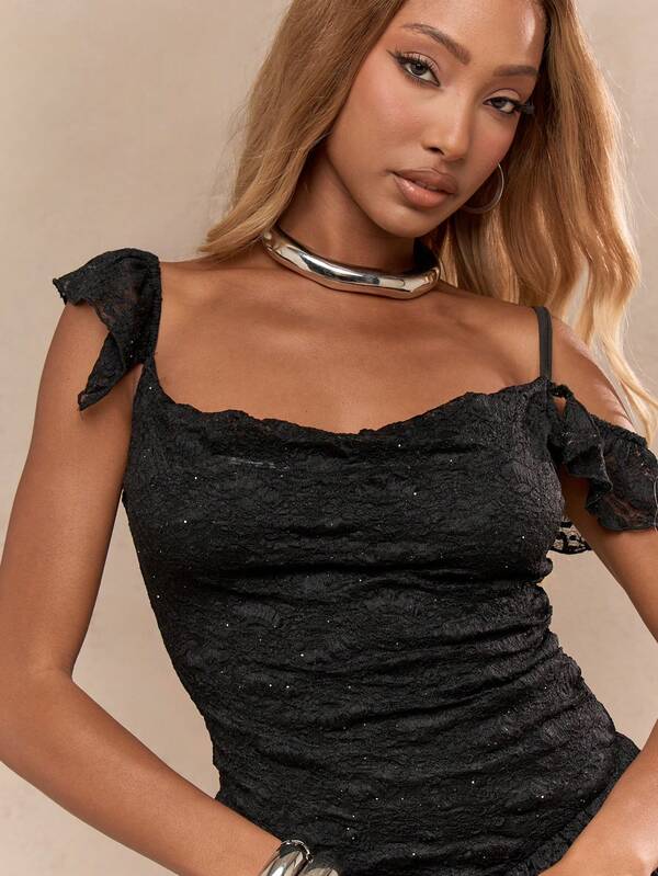 MISSGUIDED Sheer Lace Sweetheart Neck Scoop Back Asymmetric Frill Detail Bodycon Mini Dress