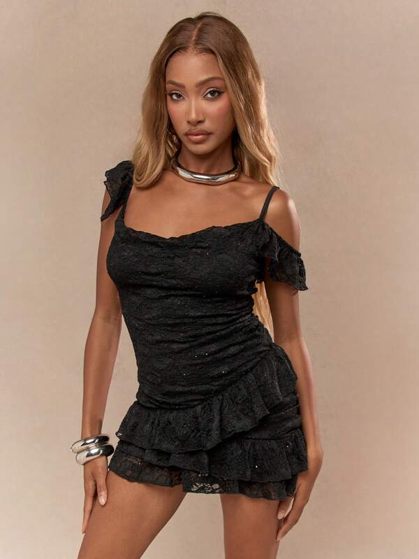 MISSGUIDED Sheer Lace Sweetheart Neck Scoop Back Asymmetric Frill Detail Bodycon Mini Dress