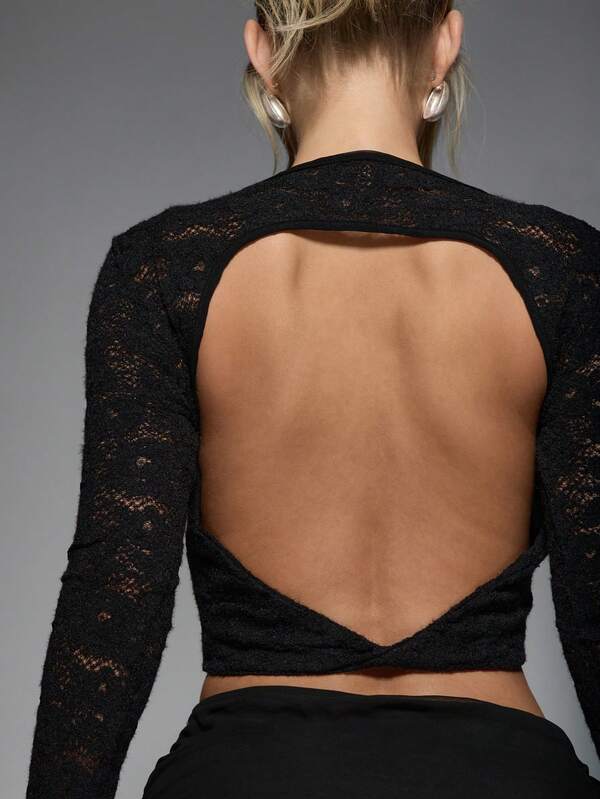MISSGUIDED Sheer Lace Twist Back Long Sleeve Top