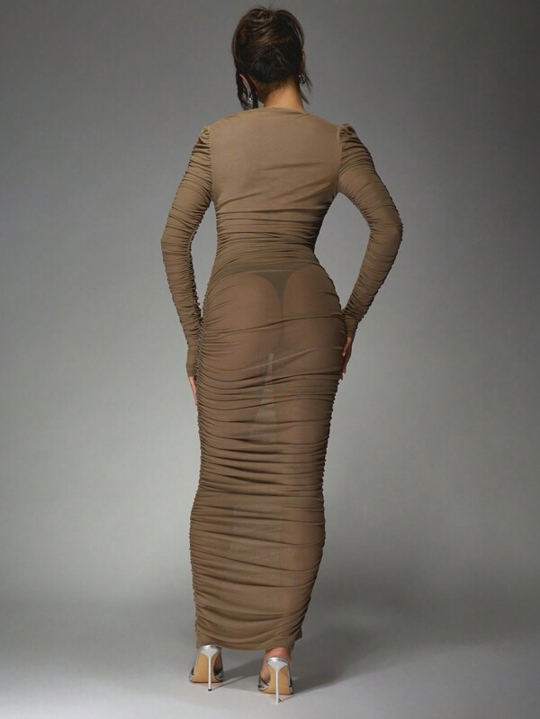 MISSGUIDED Sheer Mesh Asymmetric Neckline Long Sleeves Ruched Maxi Dress